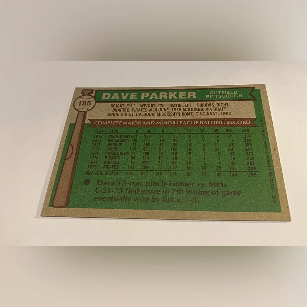 Dave Parker 1976 Topps Baseball Card Vintage Collectible # 185